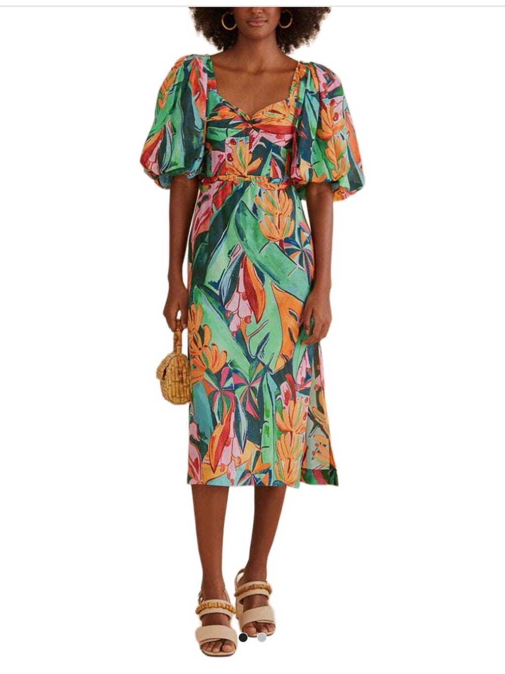 FARM Rio Tropical Puff-Sleeve Midi Dress in Green Multi